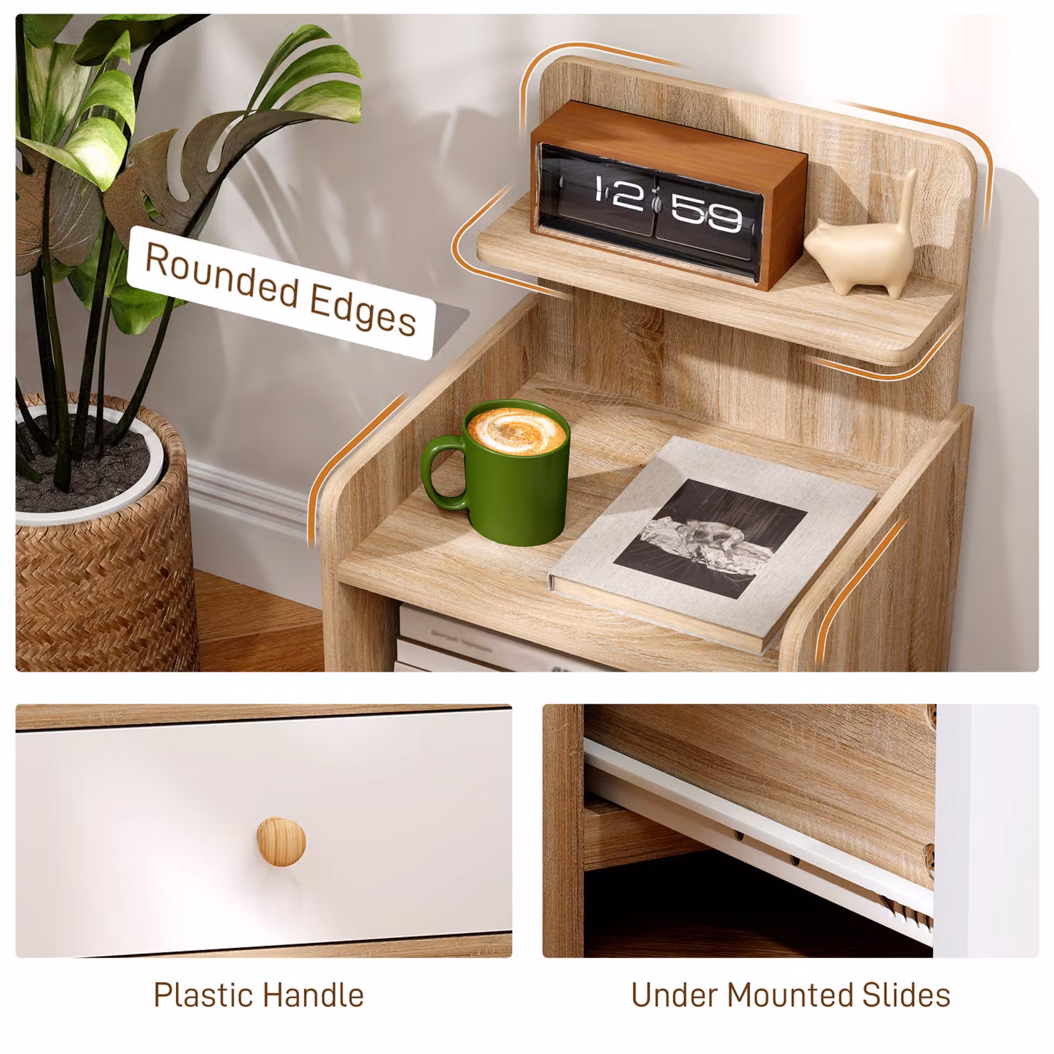 HOMCOM Scandinavian Multi-Storage Bedside Table in White and Wood-Effect MDF – 5