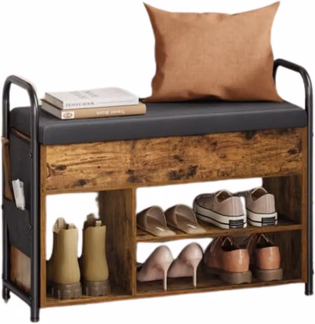 Pirlo Plush Rustic Brown Shoe Rack and Cushioned Seat Bench with Synthetic Leather