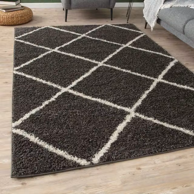 THE RUGS Moroccan Soft High Pile Shaggy Diamond Rug, Dark Grey, W: 140 cm, D: 200 cm – 1