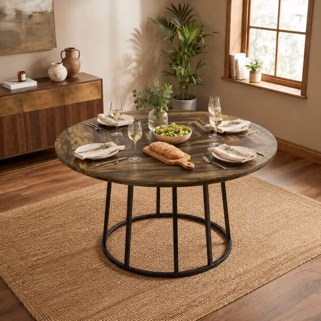 STILVORA Rustic Round Dining Table for 4-6 Adults in Brown with Black Metal Base, Diameter: 120 cm
