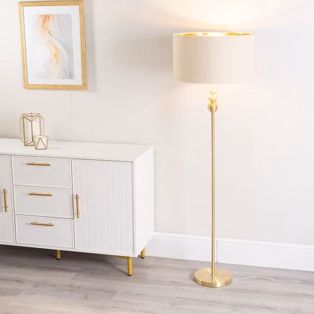ValueLights Marissa Brushed Gold Floor Lamp with Metallic Shade and Bulb in Beige