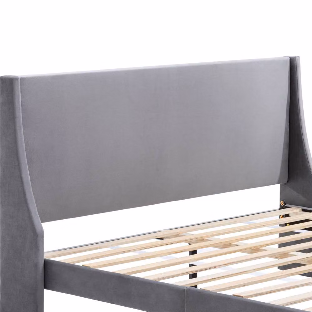 Matteo Double Bed in Grey Velvet with Upholstered Frame and Winged Headboard, W/D/H: 140 x 200 x 135 cm – 6