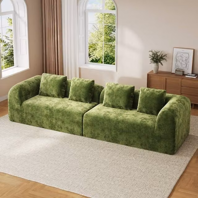 Dprodo Modular L-Shape Chenille Sectional Sofa in Green with Scatter Cushions