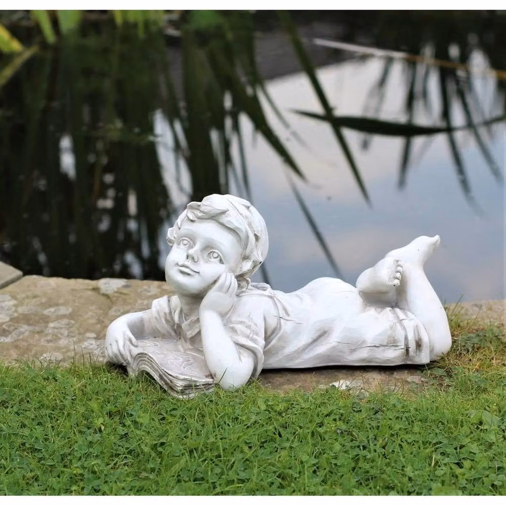 NESTLUNE Lying Boy Garden Ornament Statue in White, W/D/H: 100 x 15 x 15 cm – 2