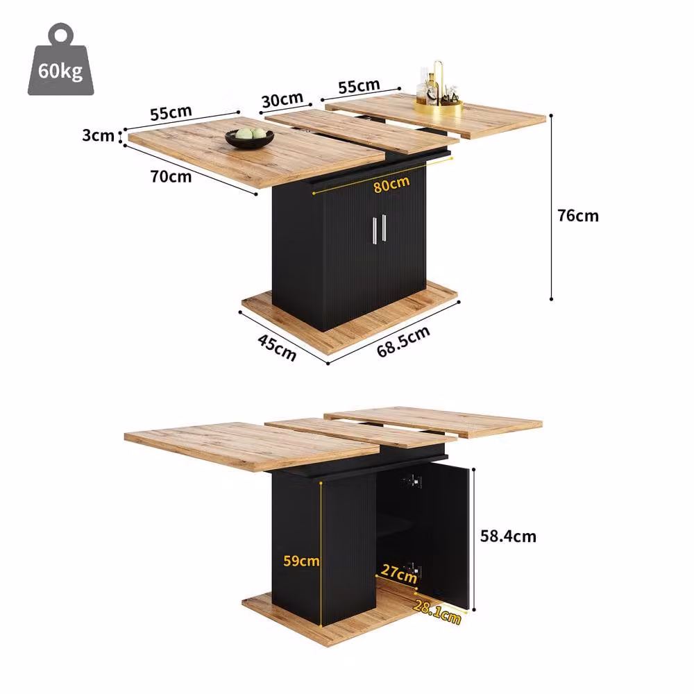 ModernLuxe Extendable Rectangular Dining Table with Storage Shelf and Doors in Black, W/D/H: 160 x 70 x 76 cm – 3