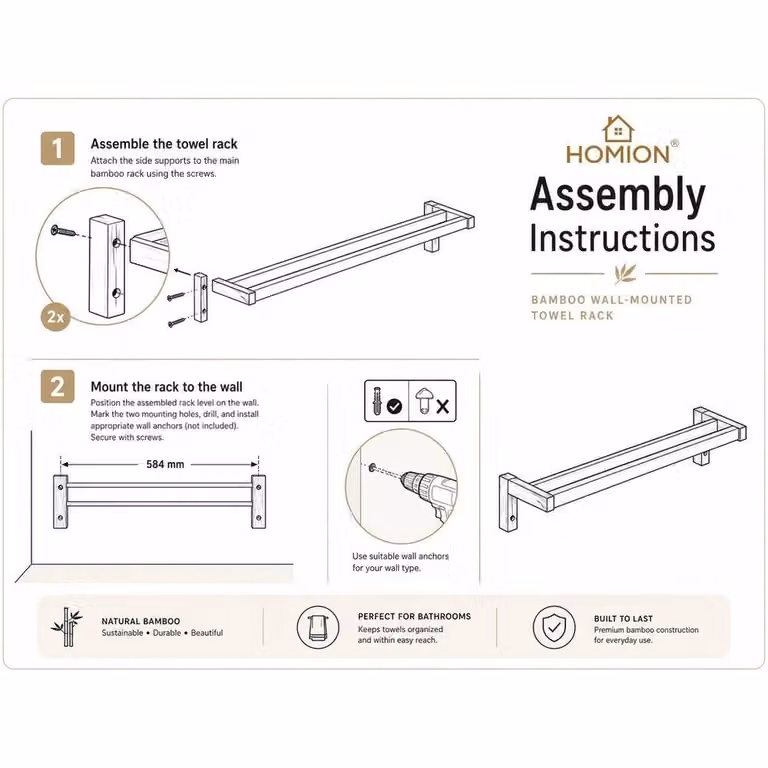 FORGEVIO Bamboo Double Bar Wall Mounted Towel Rail Holder in Natural Brown, Width: 60 cm, H x W x D: 180 x 60 x 180 cm