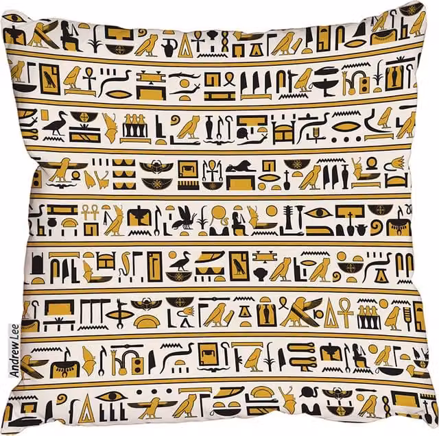Andrew Lee Egyptian Hieroglyphs Square Cushion in Yellow, Black and Brown, W: 60 cm, H: 60 cm