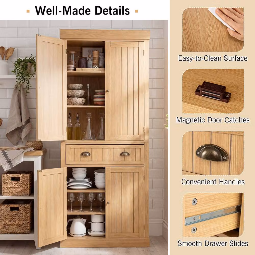 Costway Tall Wooden Kitchen Cupboard and Buffet Pantry Storage Cabinet with Drawers in Beige, Sand or Brown – 4