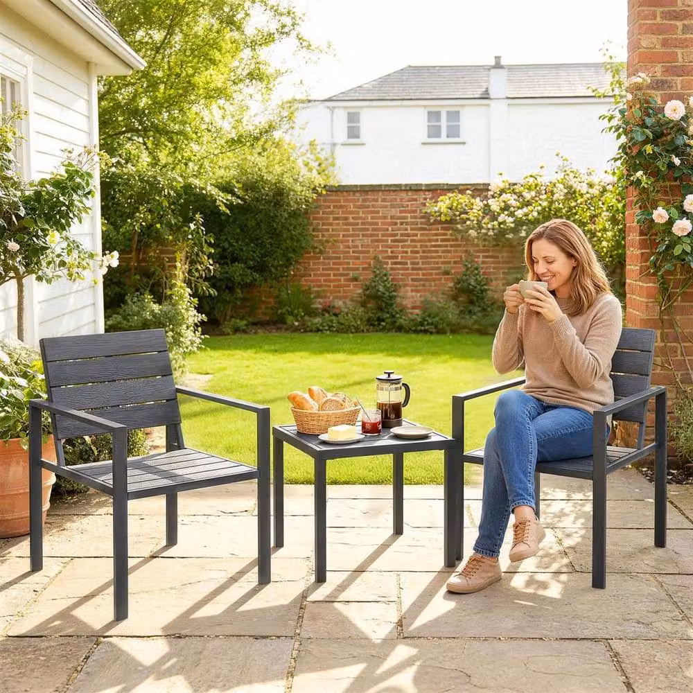 NESTLUNE 3 Piece Grey Metal Garden Bistro Set for 2 – 4