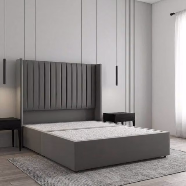 Regional Furnishings Plush Velvet Small Double Divan Bed Base with 54 inch Headboard in Grey, W/D/H: 120 x 200 cm