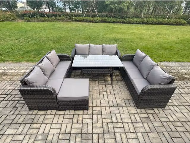 Fimous 10-Seater Outdoor Rattan Garden Furniture Set in Dark Grey Mixed with Galvanised Steel and Glass