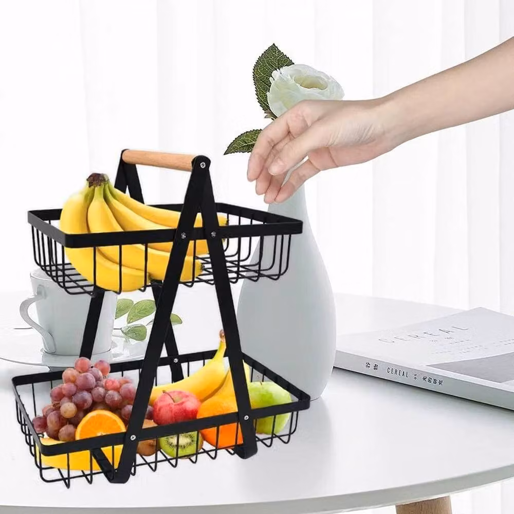 KORVIXA 2 Tier Metal Fruit Basket with Handle Holder Rack in Black – 5