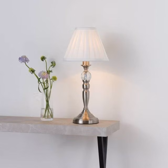 Pagazzi Edwina Touch Table Lamp in Silver and Chrome with White Fabric Shade – 1