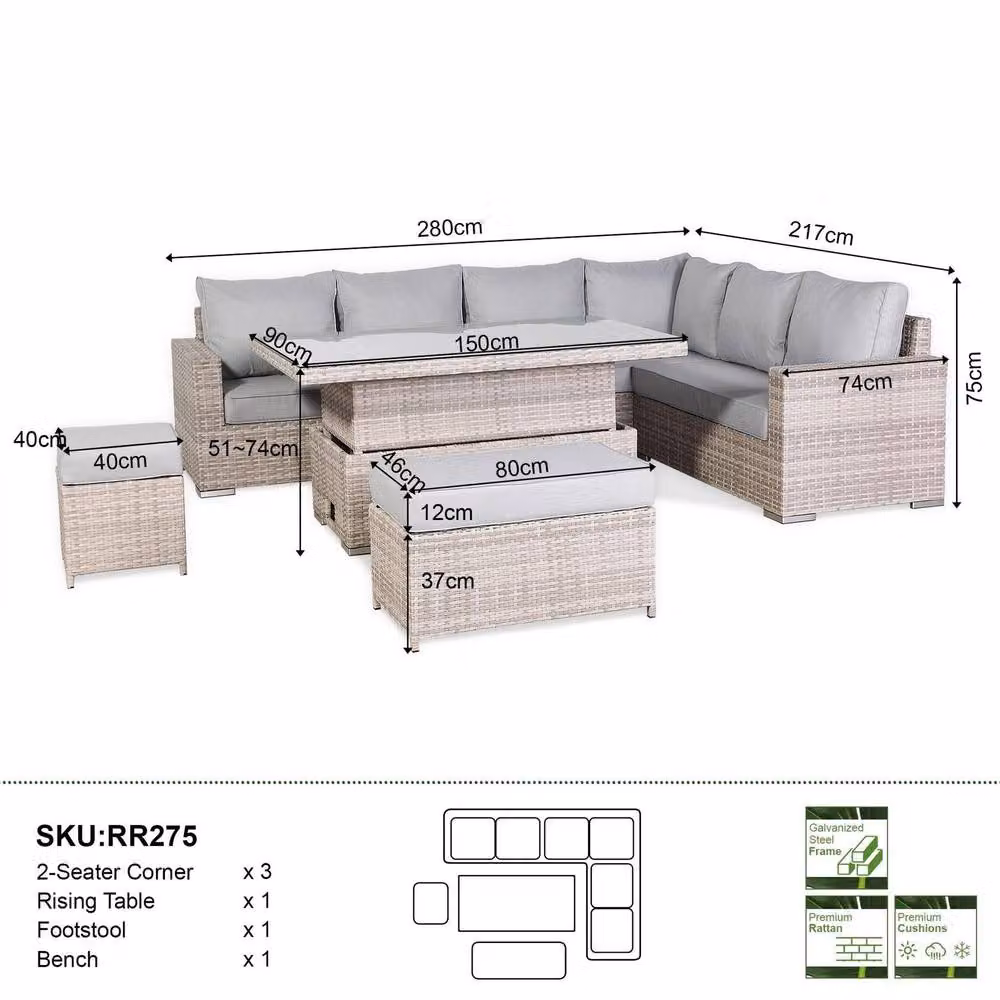 Furnishings For Less UK Outdoor Corner Sofa Set with Adjustable Rising Dining Table in Grey – 2