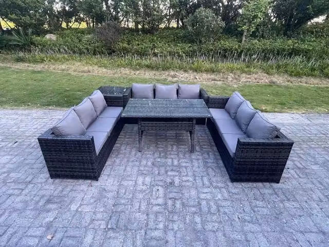 Fimous 9 Seater Rattan Garden Furniture Set with Rectangular Dining Table and Side Table in Dark Grey