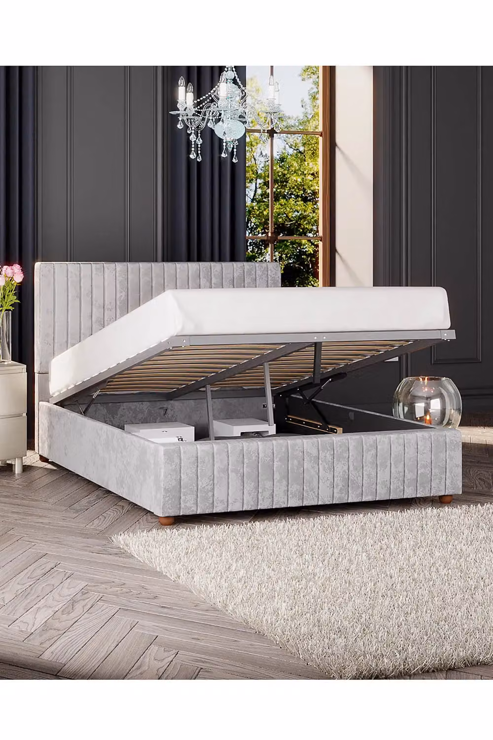Laurence Llewelyn-Bowen Estella Ottoman Storage Bed in Silver Mirazzi Velvet Fabric, King Size (180 x 200 cm) – 2
