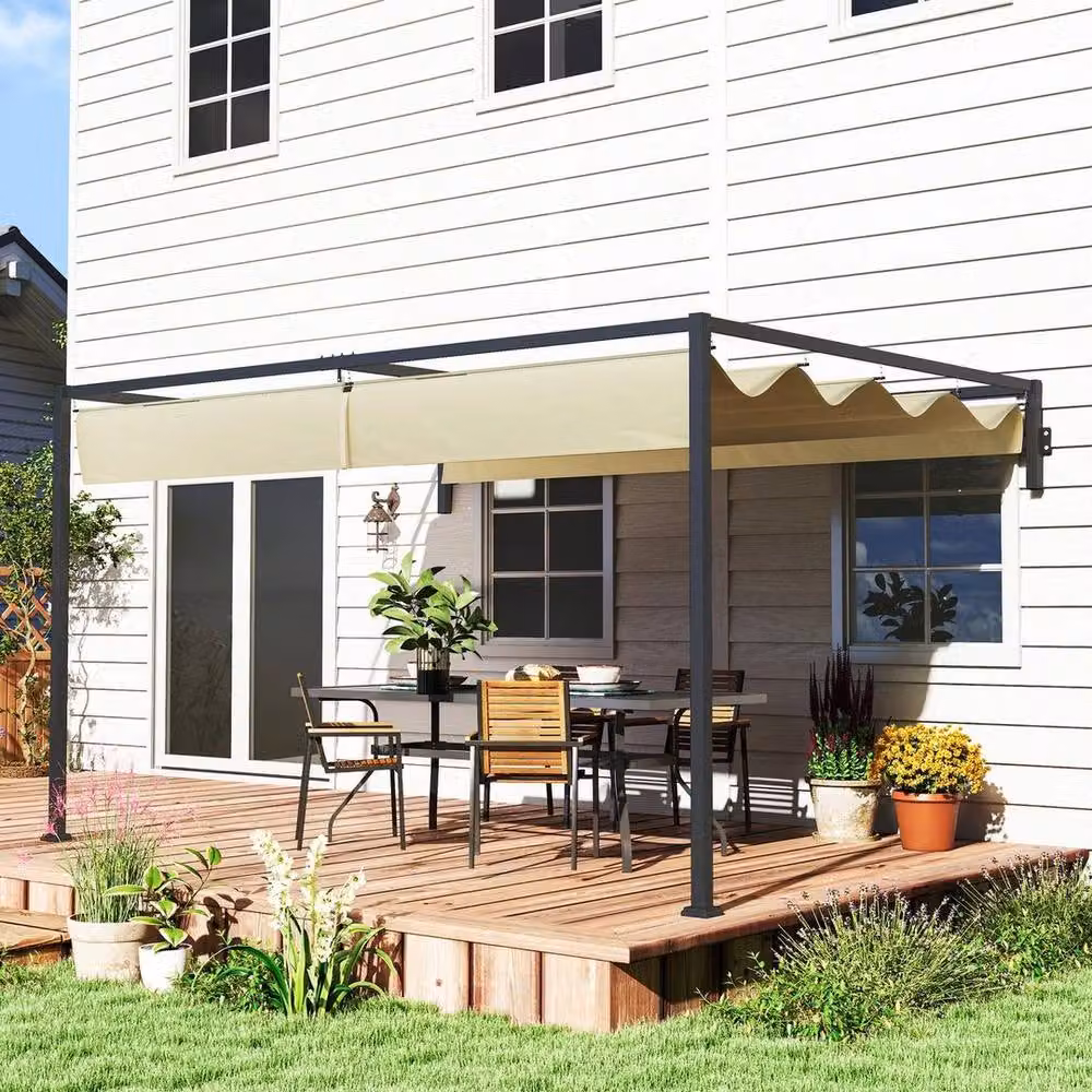 Outsunny Beige Lean-to Pergola with Retractable Roof – 5