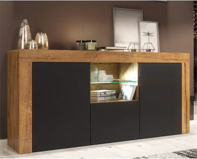 FORGEVIO Modern Oak and Black Matt TV Unit Cabinet with Integrated Lighting – 1