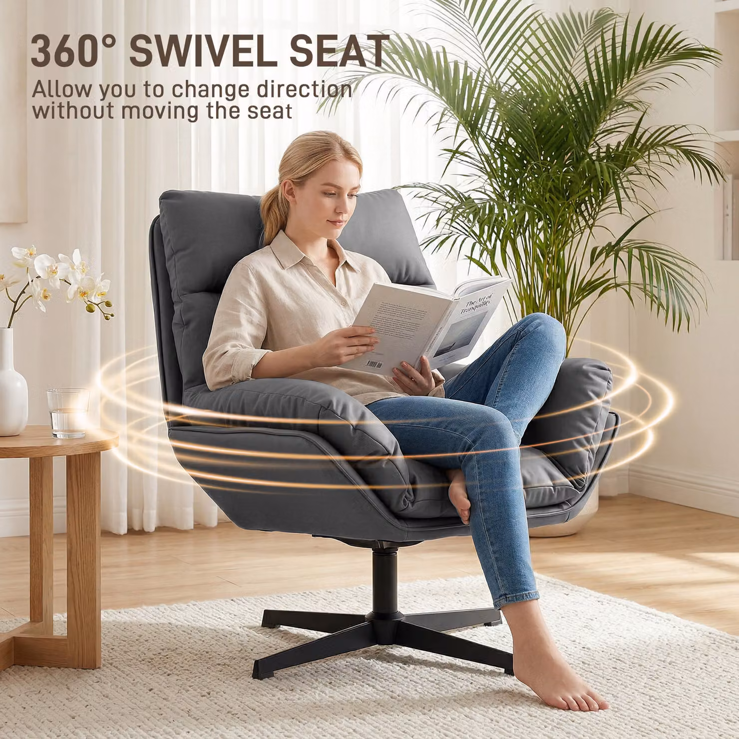 HOMCOM 360 Degree Swivel Accent Armchair with Padded Cushion in Dark Grey – 4