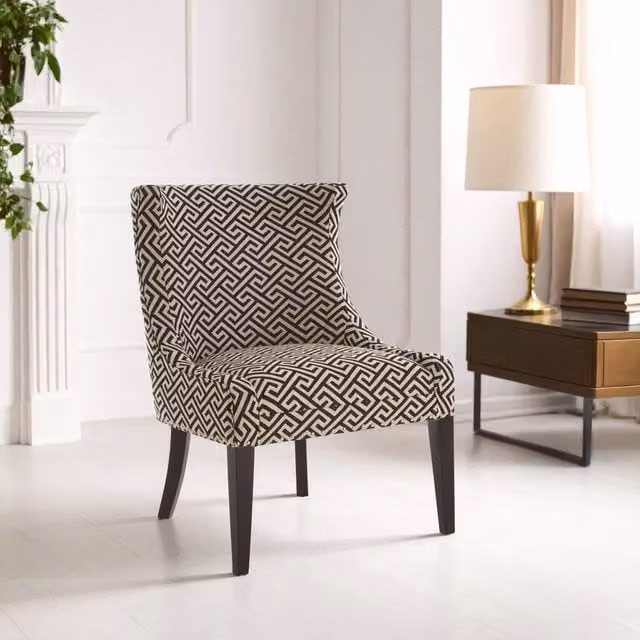 Orsina Modern Geometric Wingback Lounge Chair with Armrests in Black and Beige Fabric and Birchwood Legs