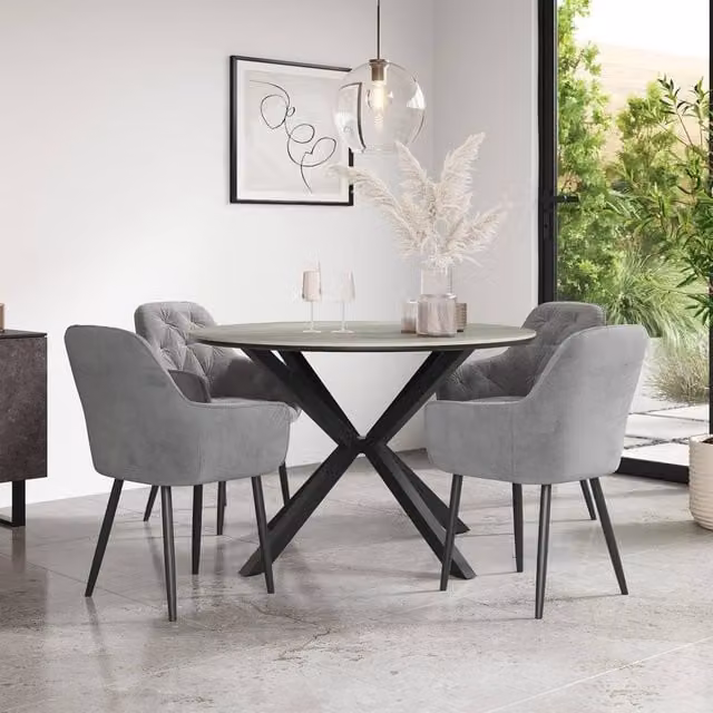 More4Homes Calne Round Ceramic Dining Table and 4 Anika Velvet Chairs in Light Grey and Black, Diameter: 120 cm, Height: 75 cm