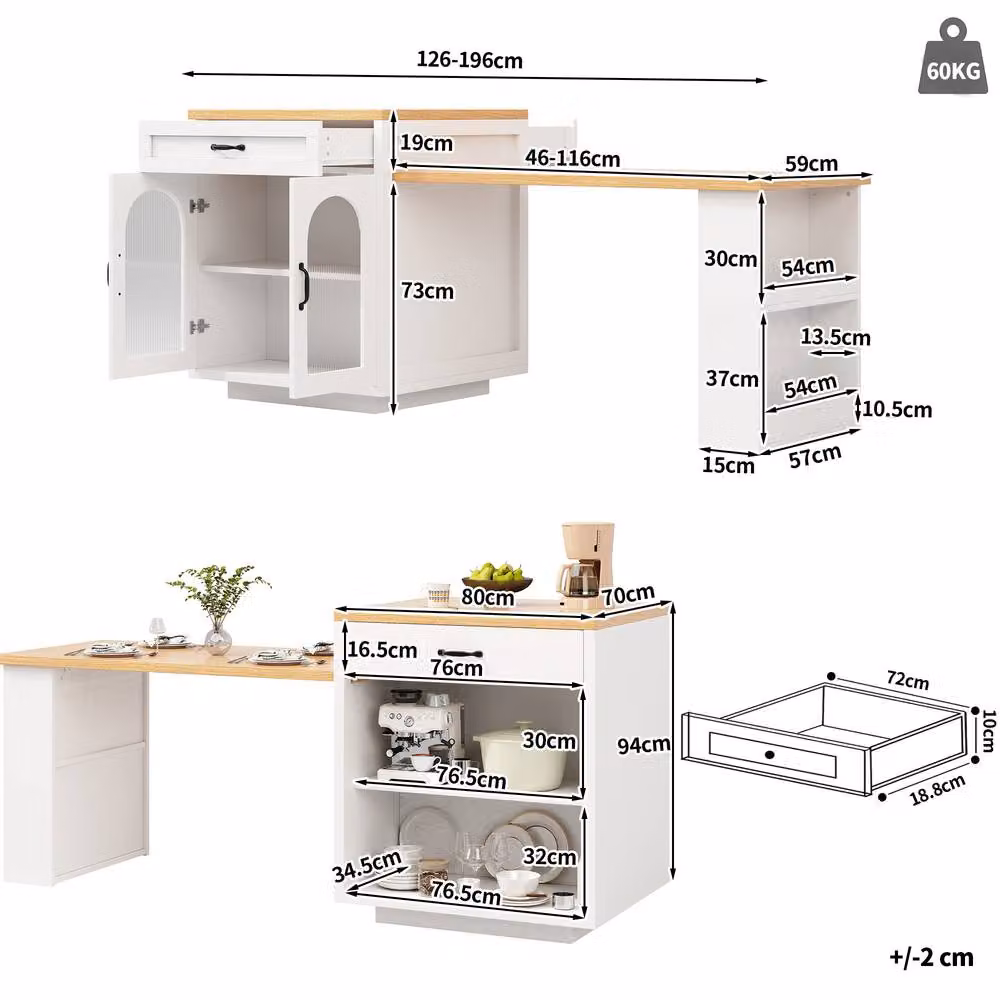 Matteo Extendable Kitchen Island with LED Lighting, Fluted Glass Doors and Storage in White – 3