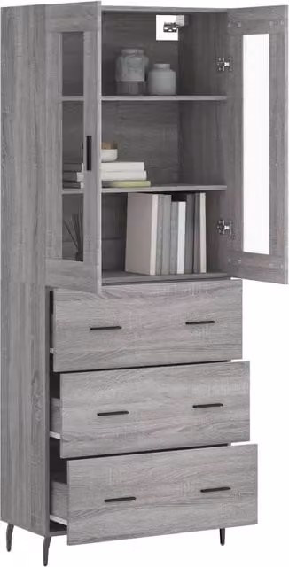 Berkfield Home Grey Sonoma Highboard with Glass Doors, W/D/H: 69.5 x 34 x 180 cm