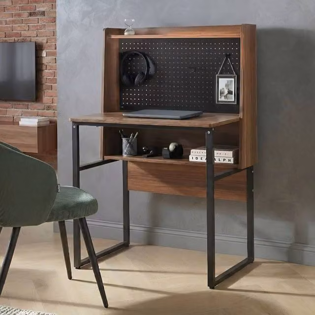Wyld and Coco Wall-Mounted Writing Desk with Pegboard Back in Dark Brown