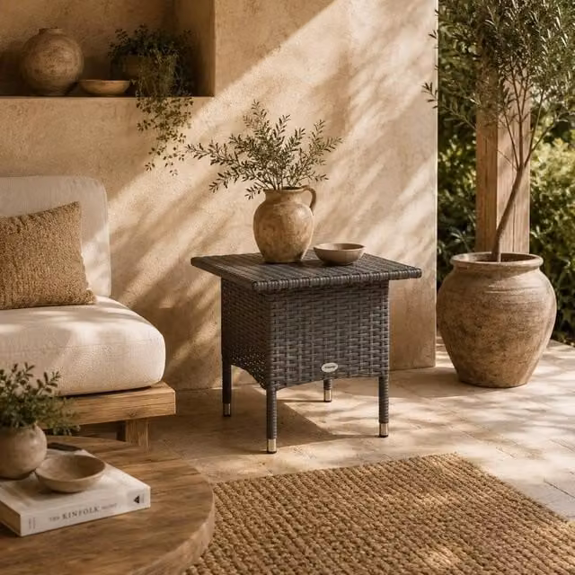 Wyld Haus Nari Grey Rattan and Steel Outdoor Side Table with Woven Top