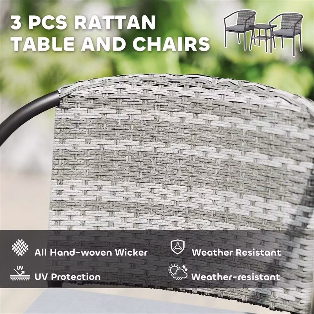 Nordara 3 Piece Rattan Bistro Set with Glass Top Table and Grey Cushions, W: 100 cm, D: 60 cm, H: 60 cm – 5