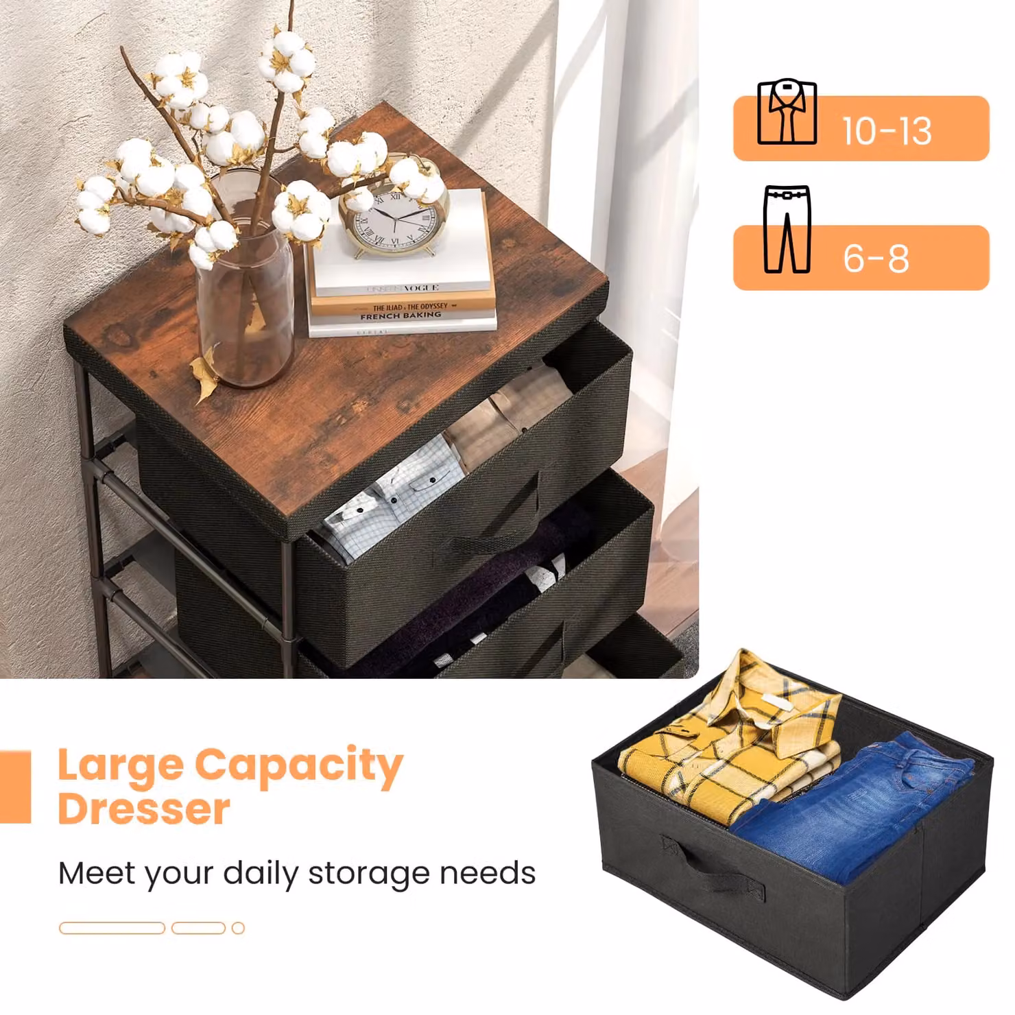 Costway 3-Tier Fabric Dresser and Nightstand Home Organiser Unit with 3 Drawers in Black – 5