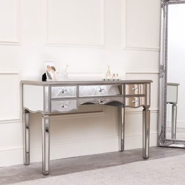 Melody Maison Art Deco Large Mirrored Dressing Table in Silver