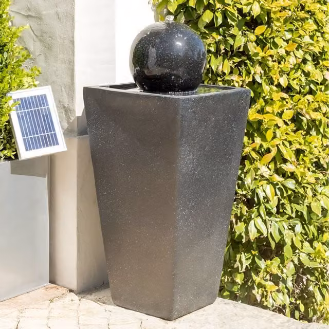 Primrose Manila Sphere and Square Column Solar Water Feature with Lights in Silver