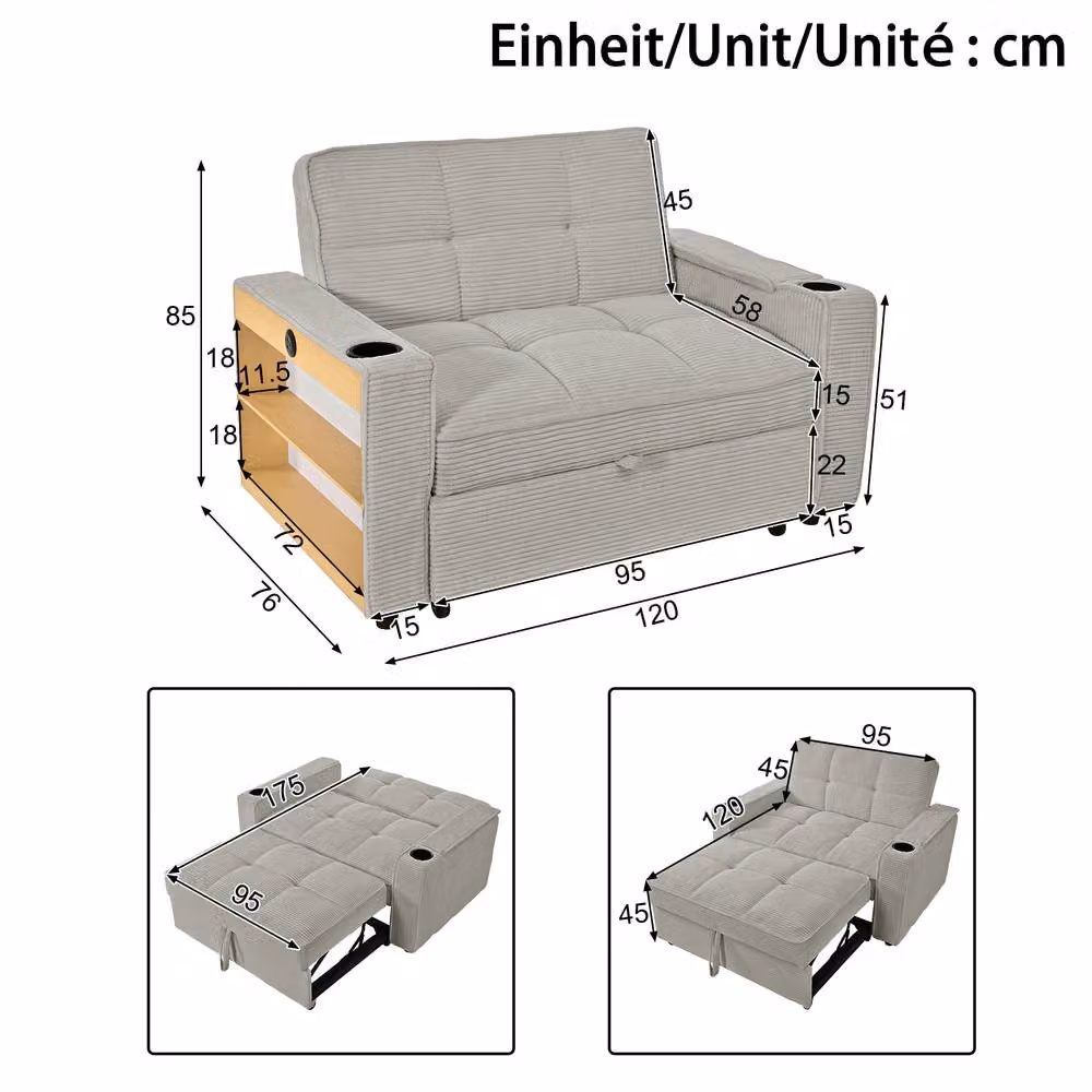 Rolipo Grey Corduroy 2 Seater Sofa Bed with LED Lights, Cup Holders and Storage – 2
