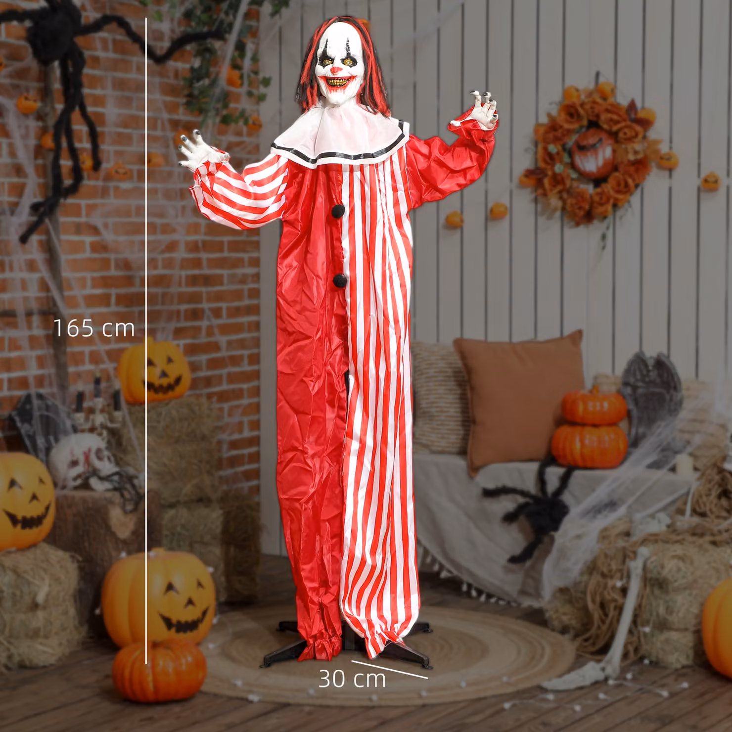 Outsunny 165 cm Life Size Animated Halloween Clown with Red Light Up Eyes and Sound Activated Moving Body – 3