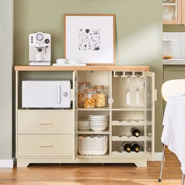 SoBuy Modern Beige Sideboard with 2 Glass Doors and Media Compartments