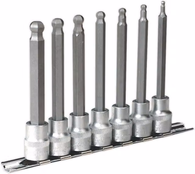 Loops 7 Piece Ball End Hex Socket Bit Set, 3/8 Inch Square Drive, Silver and Multicolour Chrome Vanadium Steel