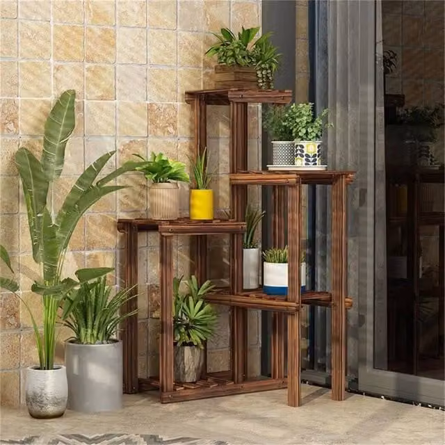 EONLION 6 Tier Corner Plant Stand Shelf in Brown Solid Wood