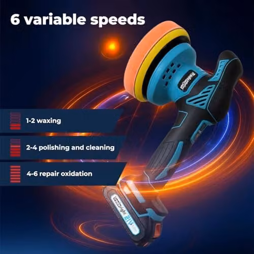 Traderight Cordless Dual Action Car Polisher with 2 x 21V 2.0Ah Rechargeable Batteries, 6-Speed 3700–5500RPM, 6in Buffer Machine for Waxing and Scratch Repair, Multicolour – 4