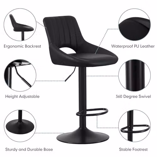 mcc direct Stacey Set of 2 Black Faux Leather Swivel Bar Stools with Backrest and Metal Base – 4
