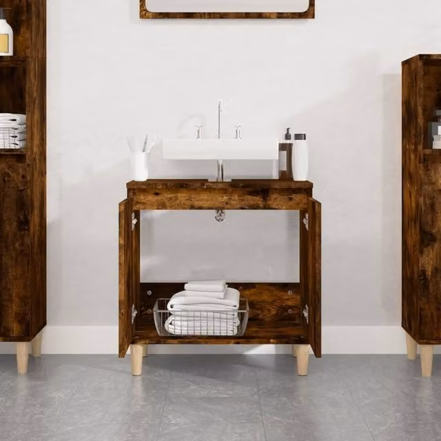 Berkfield Home Smoked Oak Sink Cabinet in Brown, W/D/H: 58 x 33 x 60 cm – 1