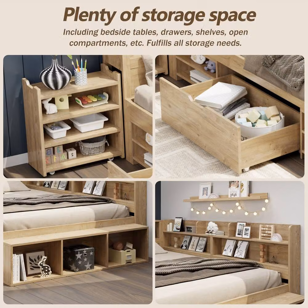 Rolipo Multifunctional 4ft6 Double Kids Bed with Storage Drawers, Natural Wood Finish, W/D/H: 140 x 200 cm – 4