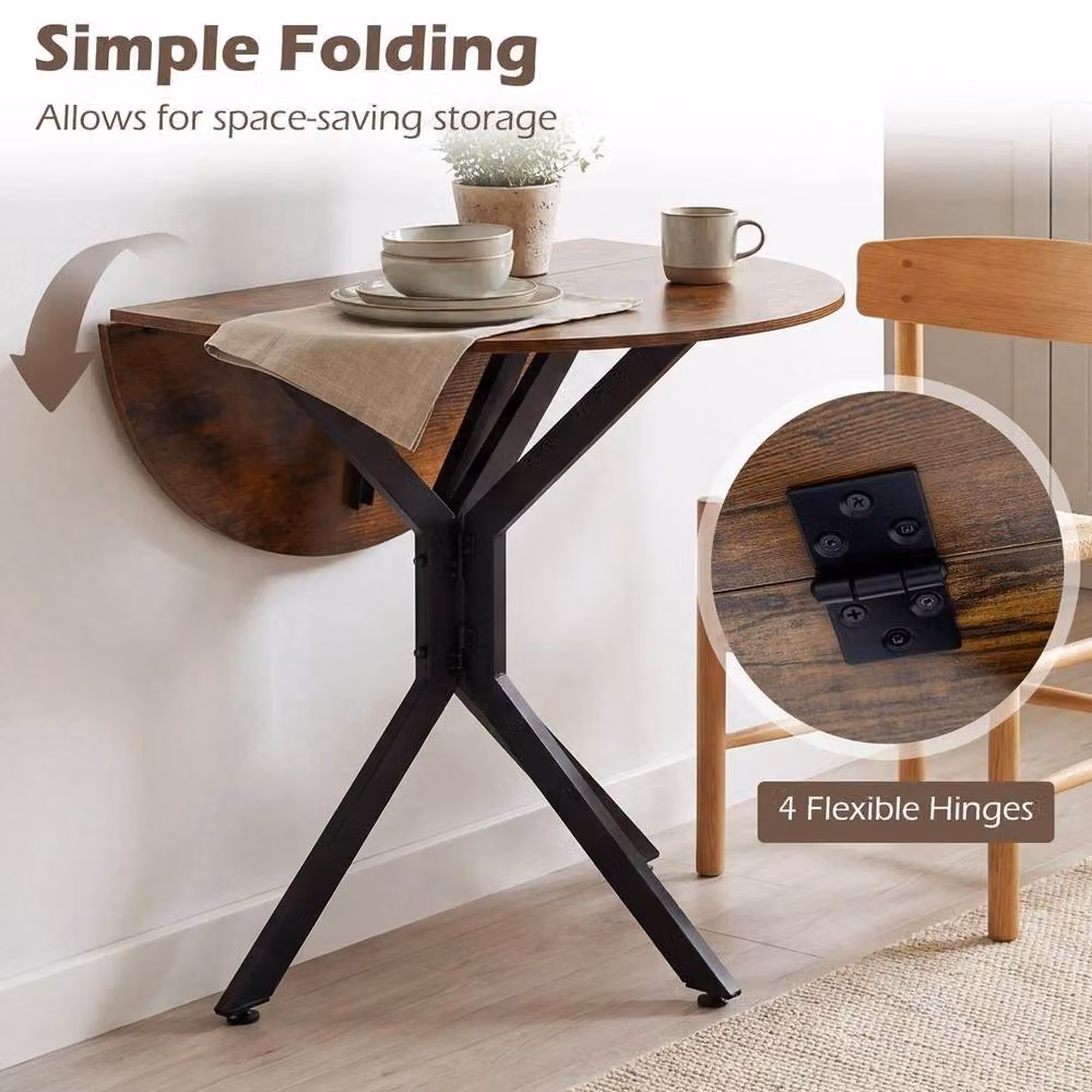 EONLION Round Drop Leaf Dining Table in Brown with Metal X-Frame Base, W/D/H: 100 x 80 x 76 cm – 3
