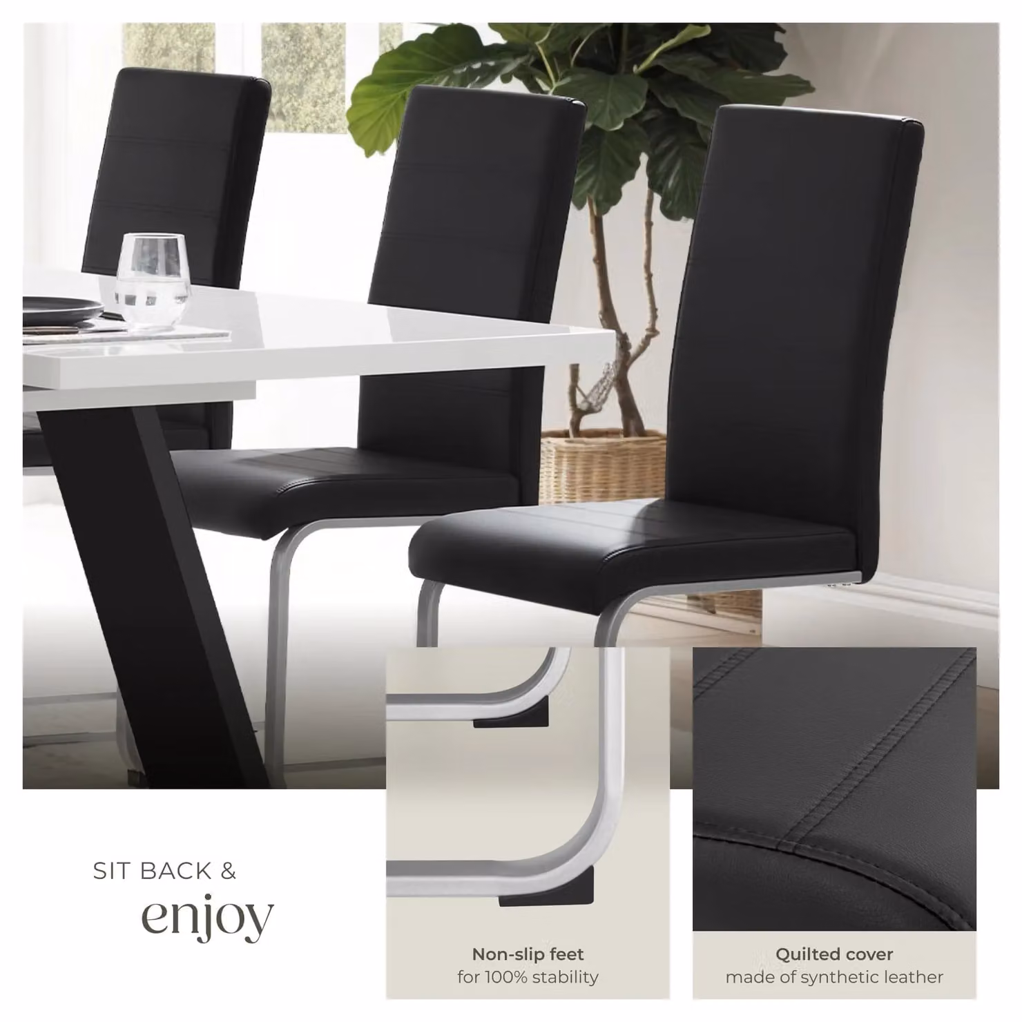 tectake Bettina Set of 4 Dining Chairs in Black Synthetic Leather with Metal Cantilever Base – 4