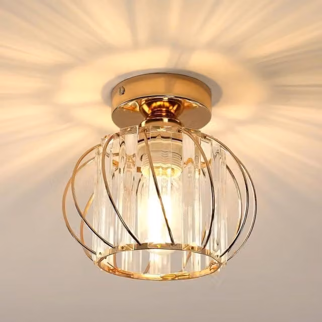 COMELY Industrial Mini Semi Flush Mount Crystal Ceiling Light in Gold/Brass