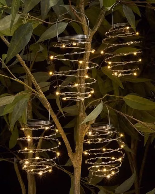 Garden Greatness 4 Pack Silver Solar Spiral LED Hanging Garden Lights with Warm White Dusk Sensor – 1