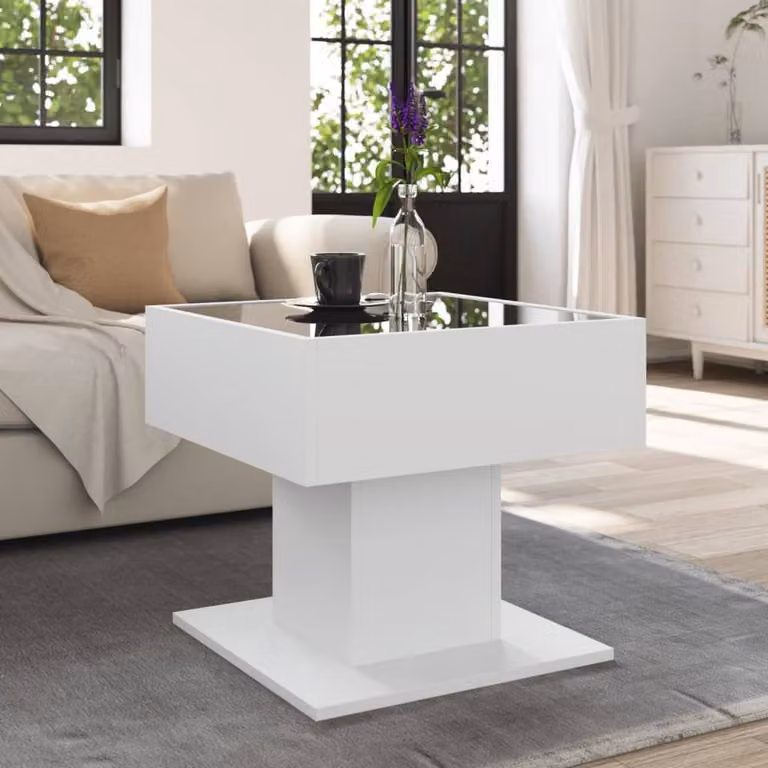 Berkfield Home Modern White Glossy Square Coffee Table with Glass Top, W/D/H: 50 x 50 x 45 cm