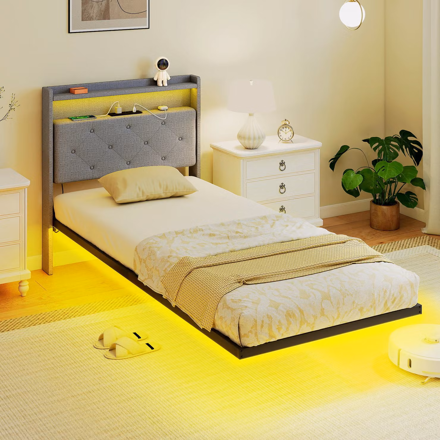 HOMCOM Upholstered Floating Single Bed Frame in Grey with RGB LED Lights, USB Charging Port and Side Compartments, W/D/H: 90 x 190 cm – 2