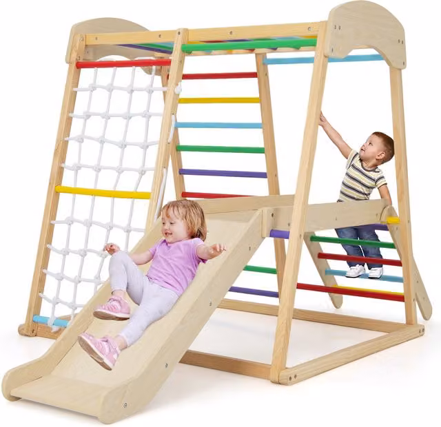 Costway 6-in-1 Indoor Jungle Gym Kids Playground in Multicolour and Brown