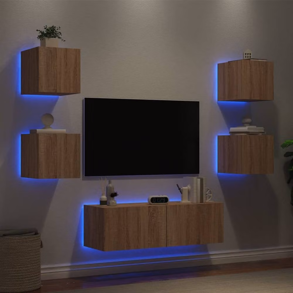 Berkfield Home 5 Piece Modern Wall Mounted TV Cabinet Set with LED Lighting in Sonoma Oak and Light Tan – 1